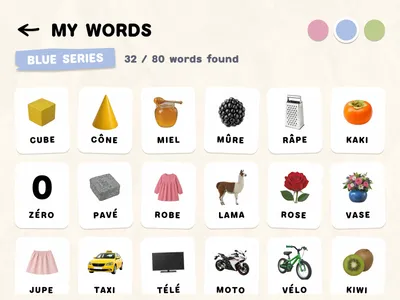 The “My words” book: the words found in the blue series, each with its photo