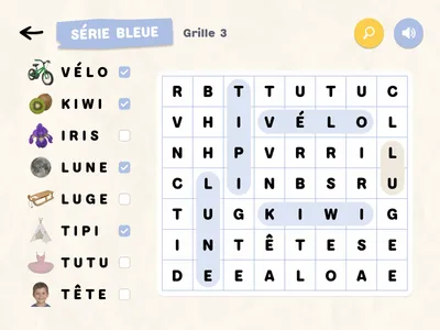 Une grille de la série bleue : à gauche, la liste des mots à trouver, chacun avec sa photo (VÉLO, KIWI, IRIS, LUNE…)