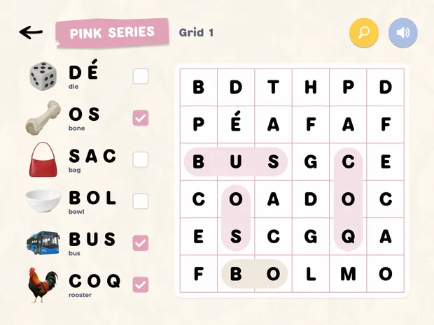 A pink series grid in progress: on the left, the words to find, each illustrated with a photo; on the right, the grid where several words are already found