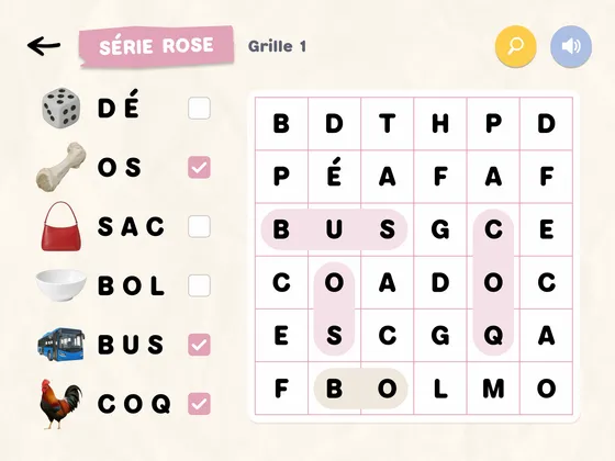 MurMur Mots mêlés : une grille de la série rose en cours de jeu, avec les mots illustrés de photos
