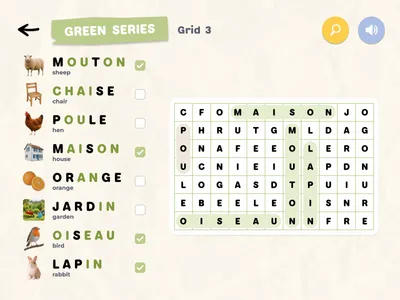 A green series grid in progress: several words are already highlighted