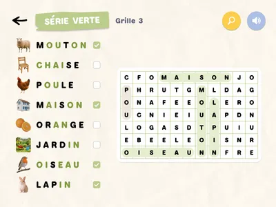 Une grille de la série verte en cours de jeu : MAISON, MOUTON, LAPIN et OISEAU sont déjà surlignés