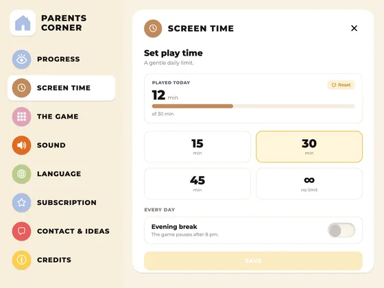 Parents’ area, Screen time tab: a limit of 15, 30 or 45 minutes a day, or no limit, and an evening break