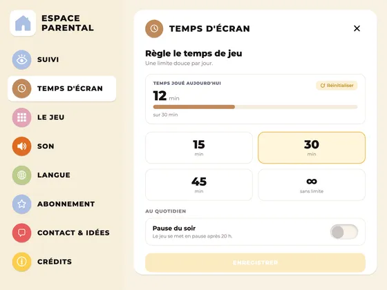 Espace parental, onglet Temps d’écran : limite de 15, 30 ou 45 minutes par jour, ou sans limite, et pause du soir